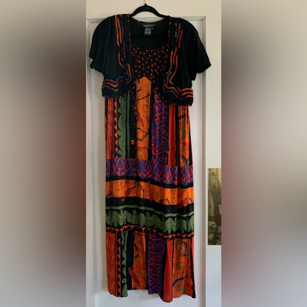 Vtg Carole Little Dress Size 10 Colorful Art Maxi Faux Bolero Shoulder Pads Tier